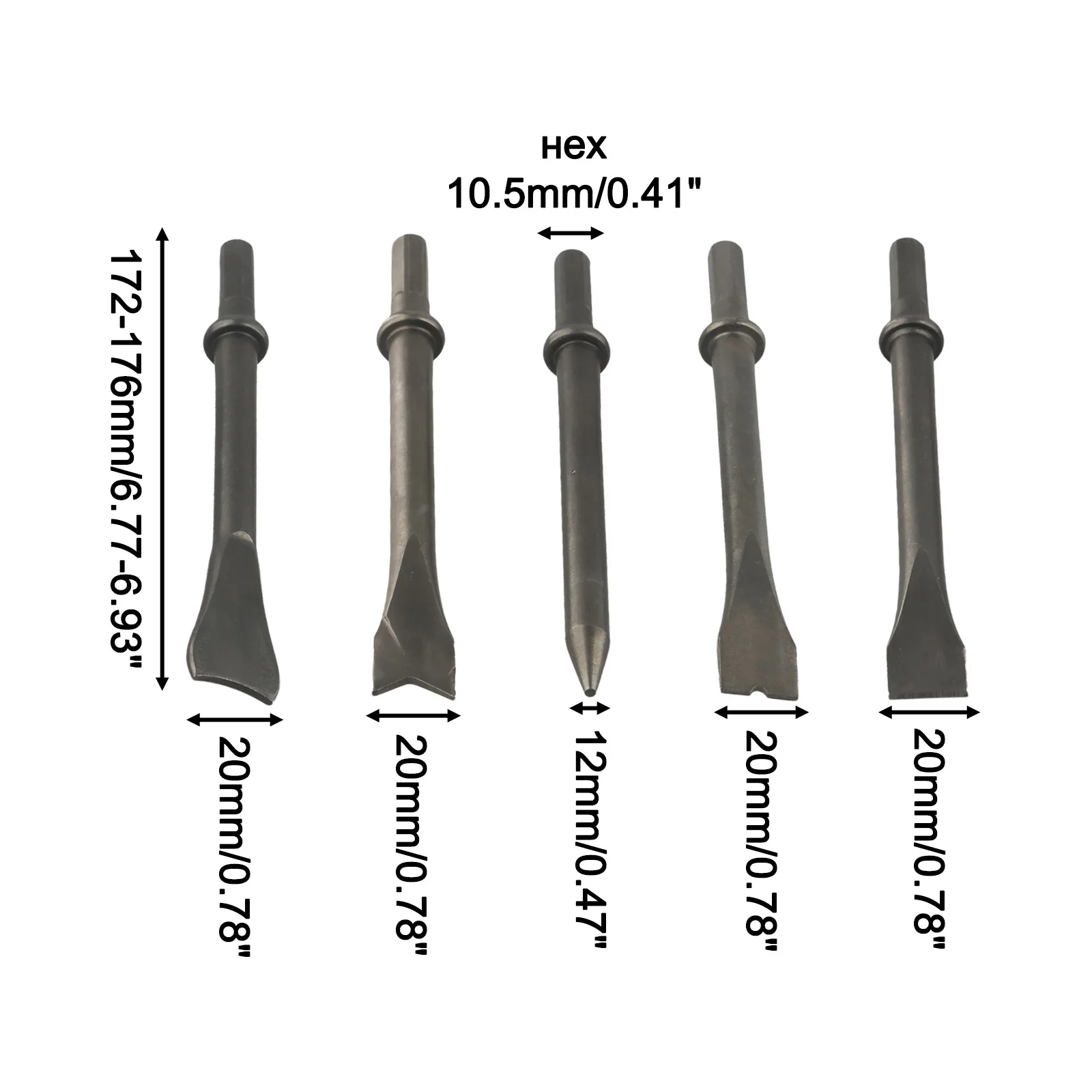 

Набор из 5 стальных зубил с шестигранным хвостовиком для пневматического молотка, для профессионального использования в авторемонте и общестроительных работах