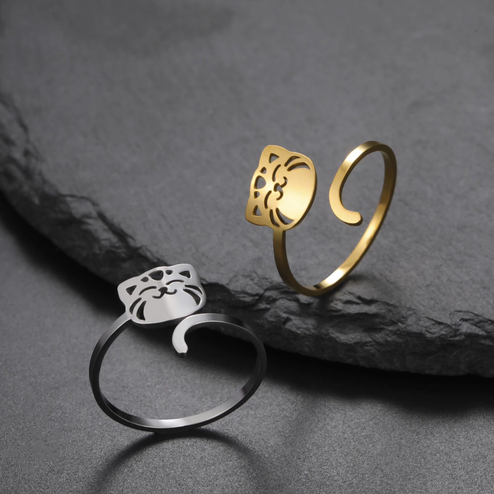 Hollow Cat Stainless Steel Open Ring Gold Silver Cute Cat Adjustable Band Pet Lover Gift Girlfriend Bestie Fashion Jewelry