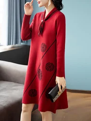 Women Red Print Knitted Cotton Long Sleeve Midi Dress Autumn Luxury Chic Sweater Dress 2024 Korean Vintage Elegant Prom Vestidos