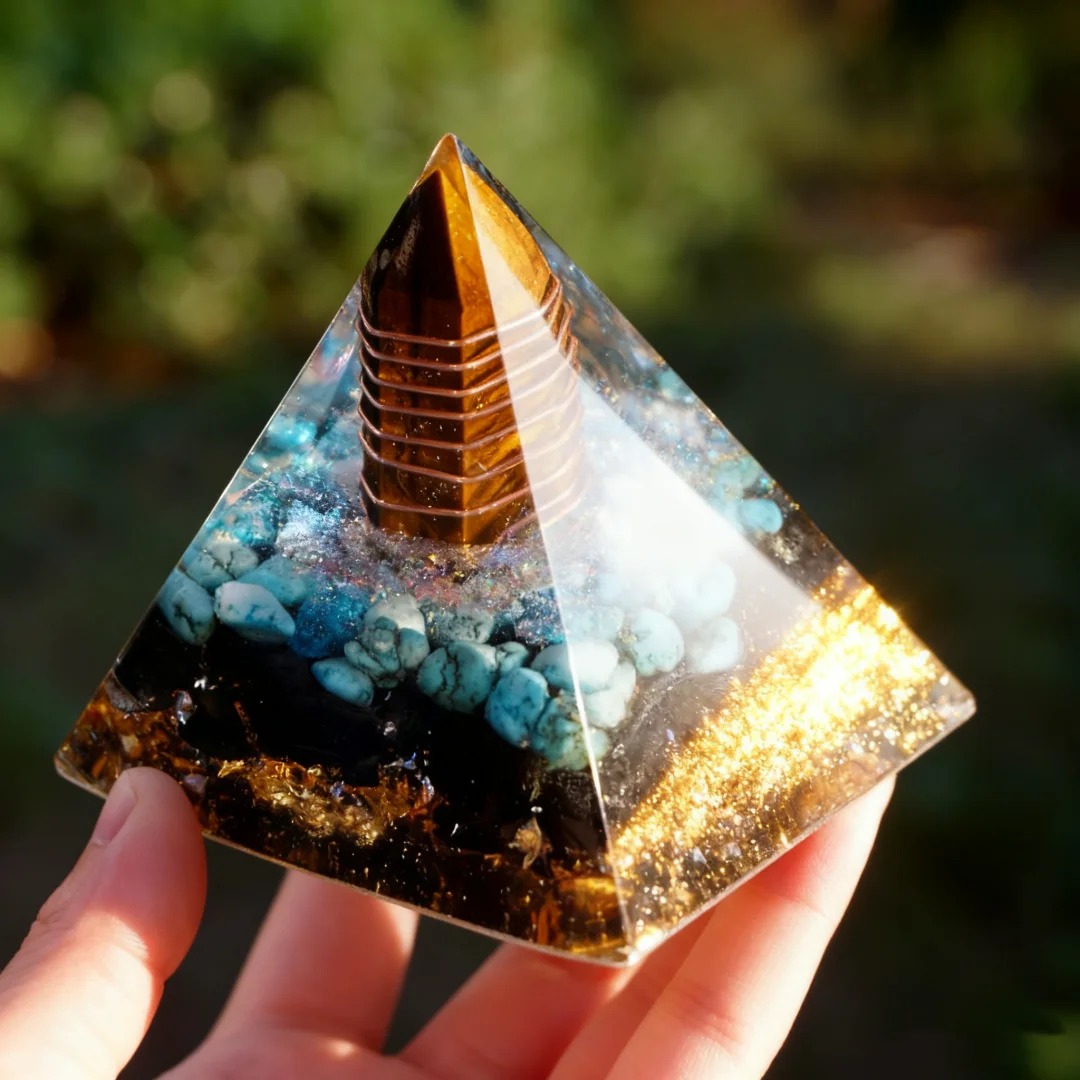 1 Stück Orgonit-Pyramide Tigerauge-Steine, Türkis mit Obsidian, Kupfer-Orgon-Pyramid-Kristall, Orgonit-Pyramide – Detail 3
