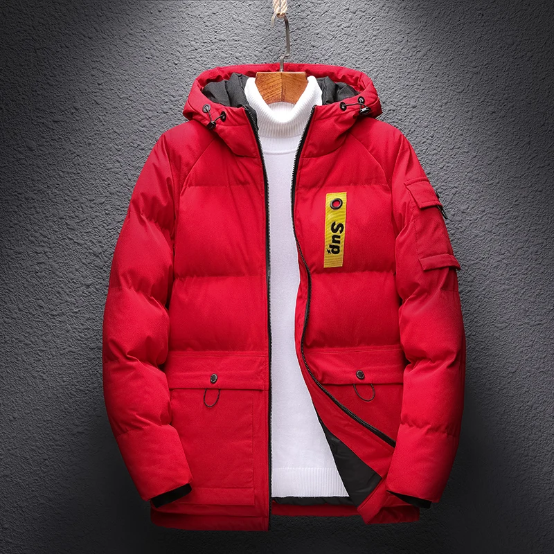 

Men's Thiened down Cotton Jaet Winter Warm Hooded Coat Red Luy Year Men's Stand Fit Thiened Polyester Fiber Coat