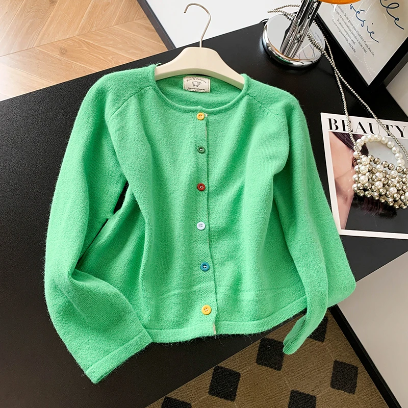 

Soft Cozy Women's Knitted Cardigan Autumn Winter New Sle Slimming Sweater Color Bule Faionable Versatile White Enhancing