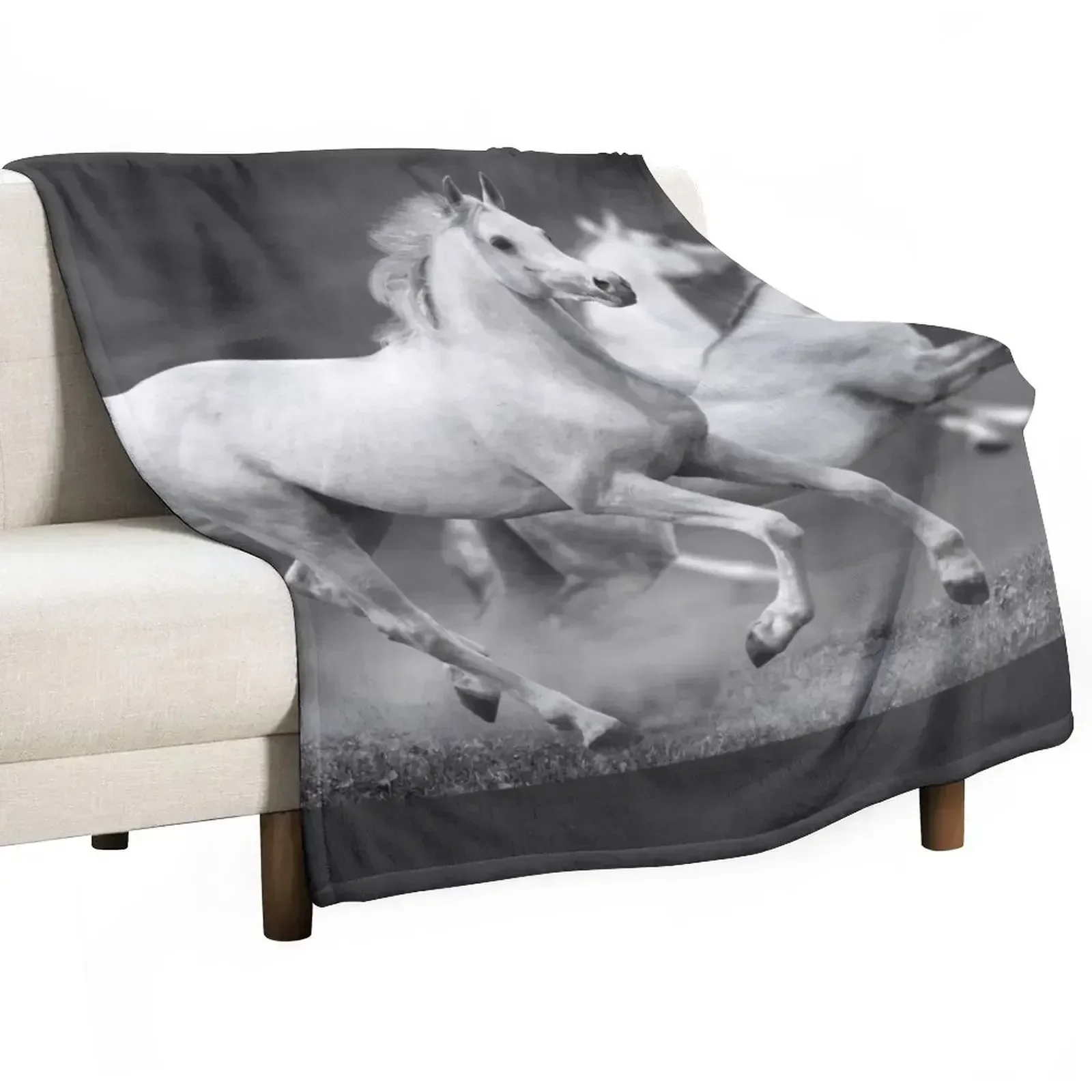 

White Horse In Grey Throw Blanket Designers Vintage Soft Plaid Blankets Sofas Of Decoration Blankets