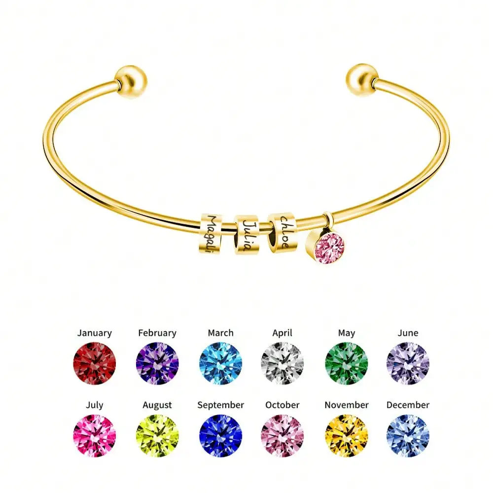 

Women's Personalized 12 Birthstone Bracelets, Stainless Steel Beads, Customized with Names