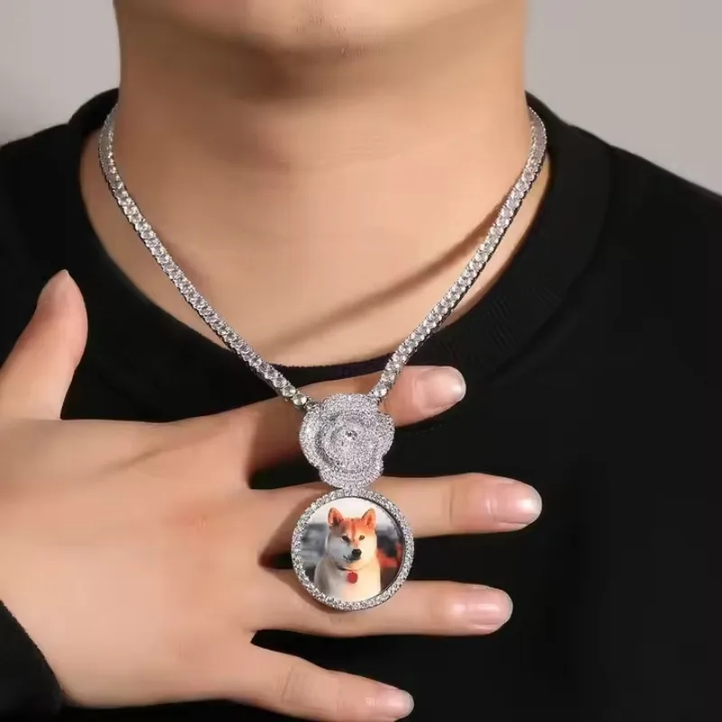 

Ice Out 18K Gold Plated Brass Men Necklace Zircon Jewelry Custom Photo Necklace Fashion Jewelry Pendant Necklace