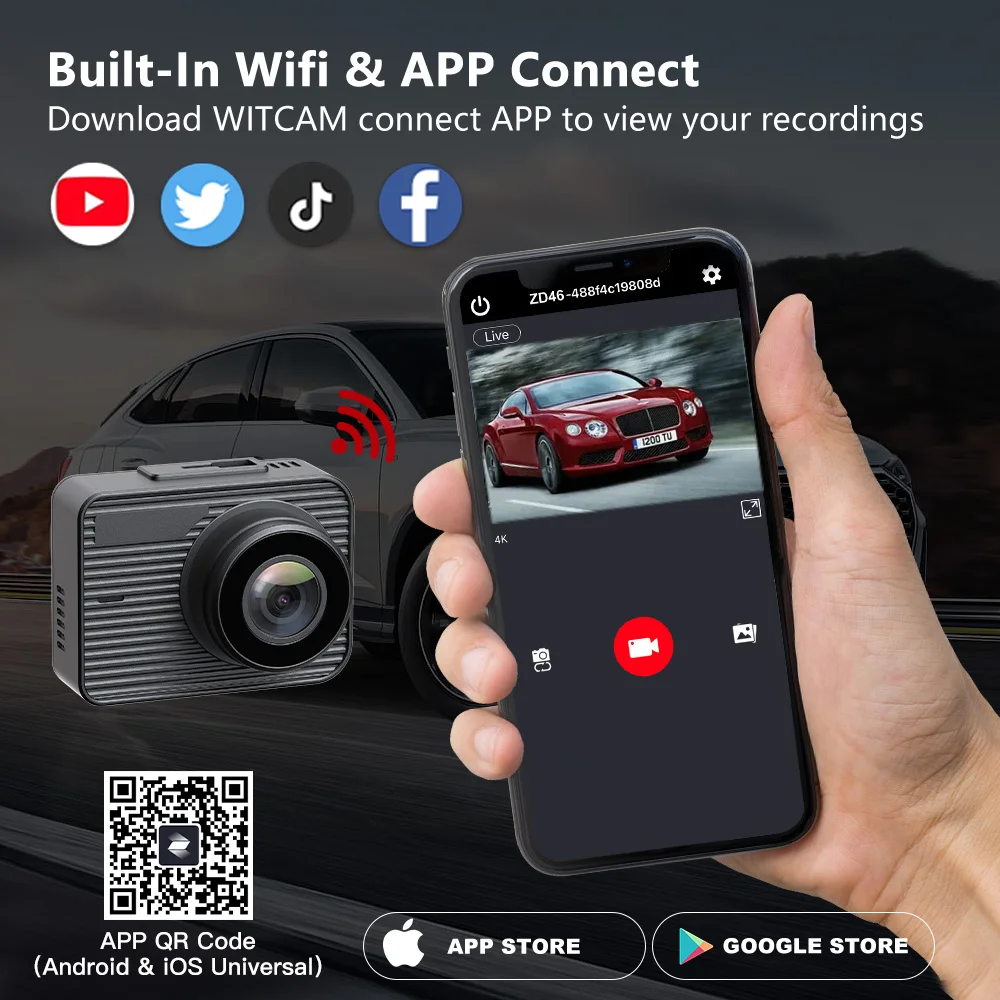 Soybean ZD46 4K Action Camera for Car Dashcam Built in GPS & WiFi 2'' Dual Channel Screen Video Recording G-Sensor with Rear Cam