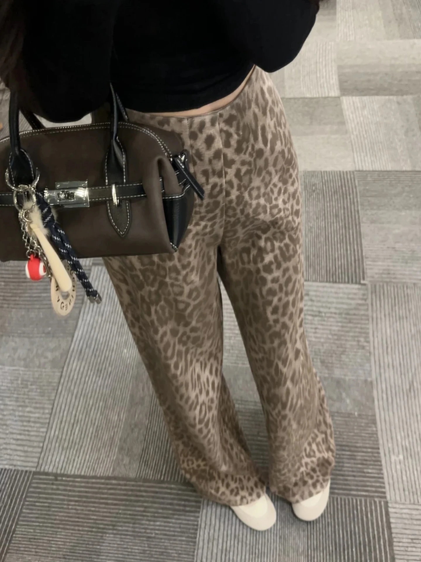 Retro American Leopard Print Loose Wide Leg Casual Pants Women's Fashion High Waist Cotton Trousers Straight Cut Slimming