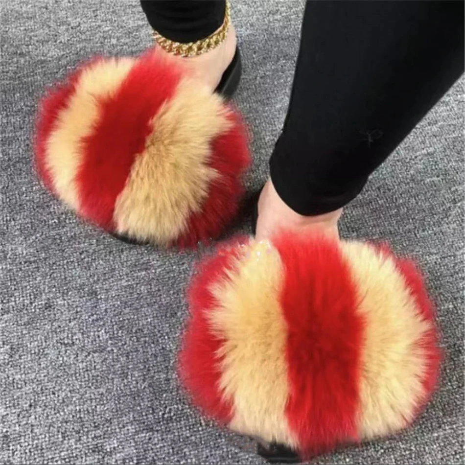 ZMPDXY Fur Slides Girl Summer Flat Slippers Big Fur Slides Fluffy Fur Slides Home Sandals Exquisite Shoes Hot Sale Women Shoes