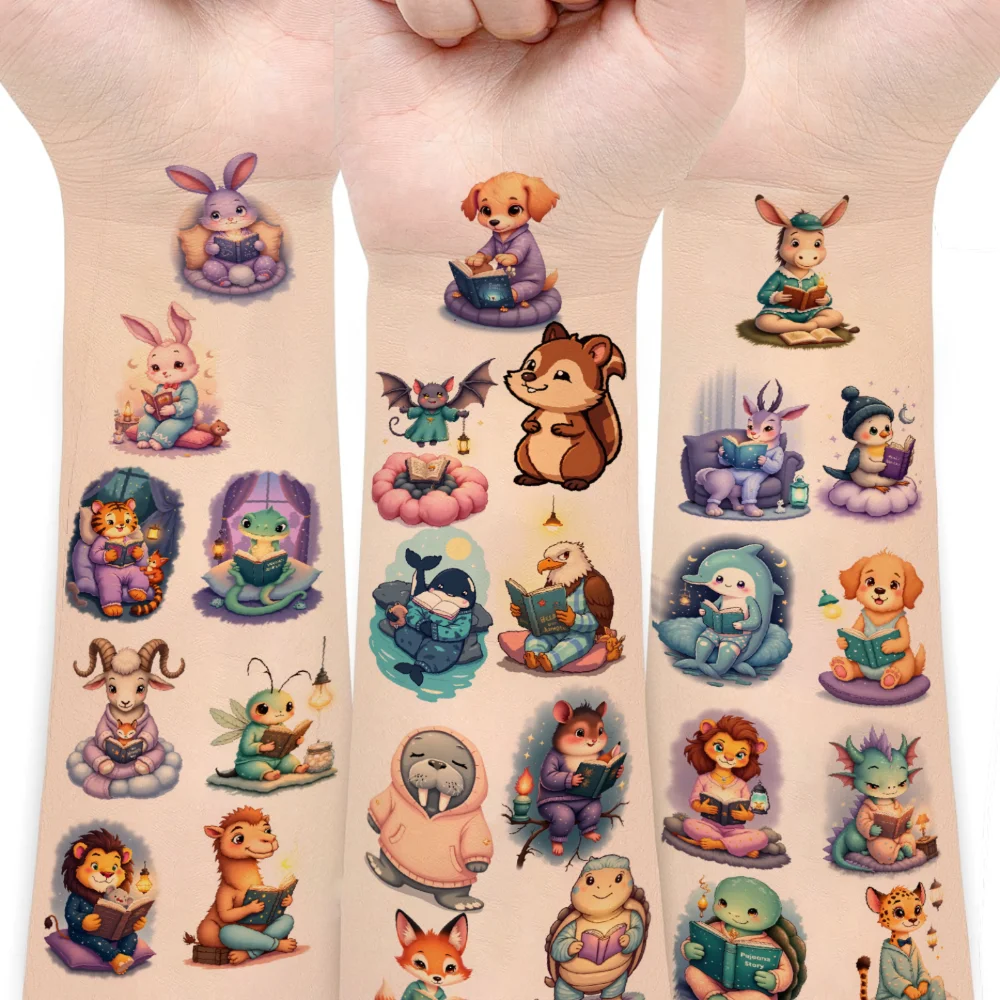 

54pcs Temporary Tattoo Reading Animals Waterproof Long-lasting Body Stickers Animal Characters Cartoon For Boys Children Girls