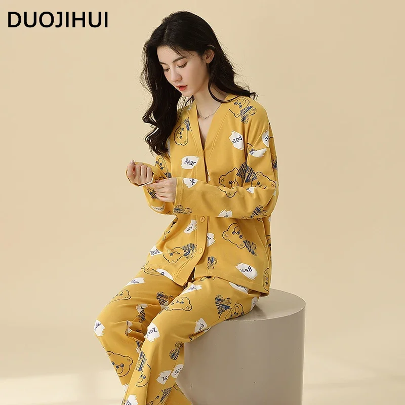 DUOJIHUI Two Piece Autumn Loose Soft Female Pajamas Set Chic V-neck Cardigan Basic Simple Pant Fashion Printed Pajamas for Women