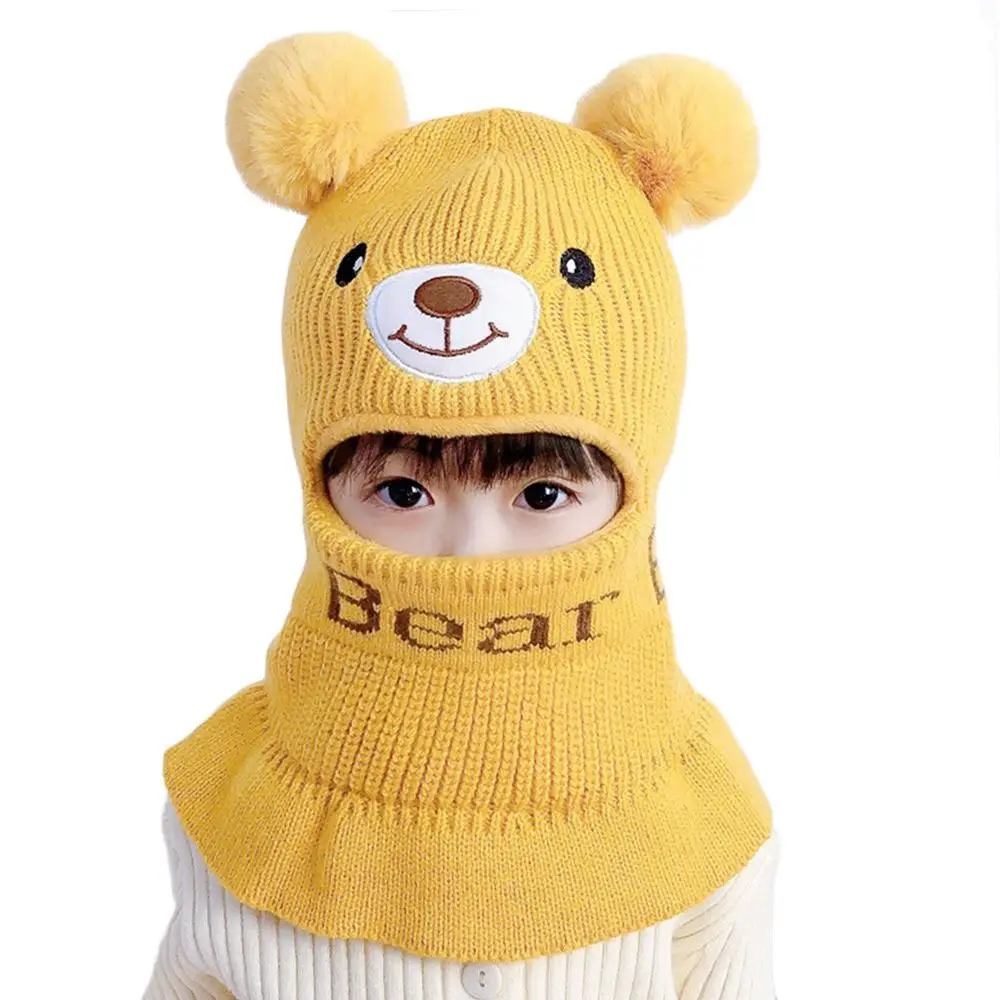 Cute Cartoon Kids Integrated Cap Scarf Knitted Thickening Beanie Hat Scarf Soft Casual Scarf Set Hooded Children