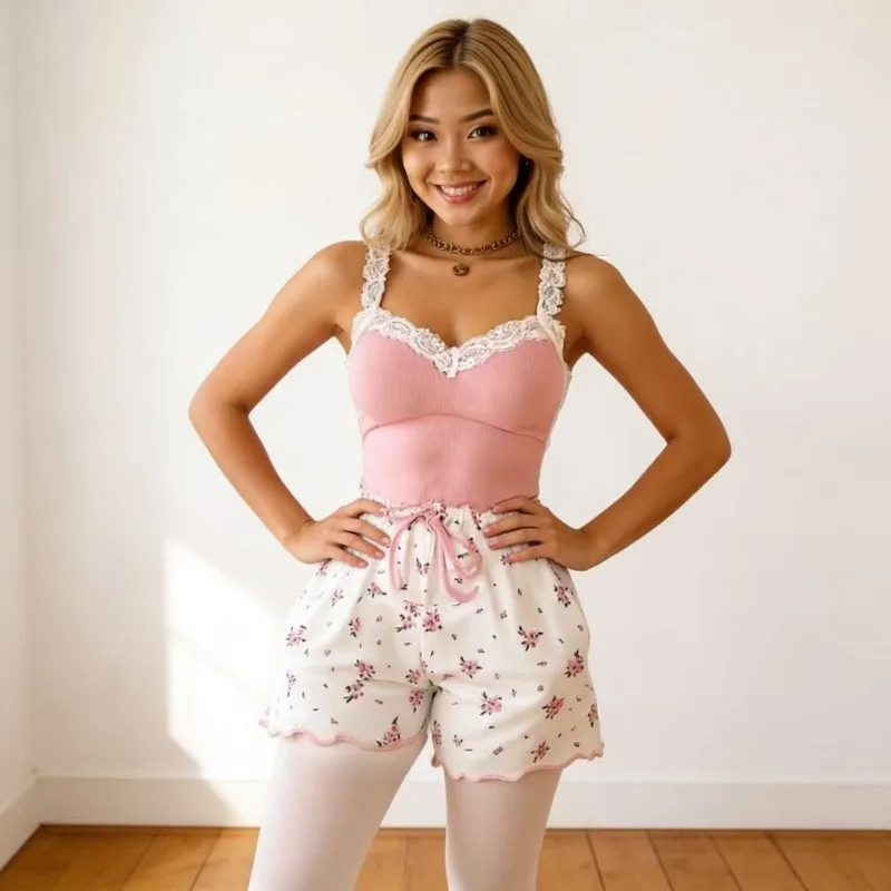 

Новинка 2026, женский сексуальный кружевной жилет-бретелька, шорты, милая одежда для сна, женская облегающая домашняя одежда из двух предметов, розовый, кофейный, синий