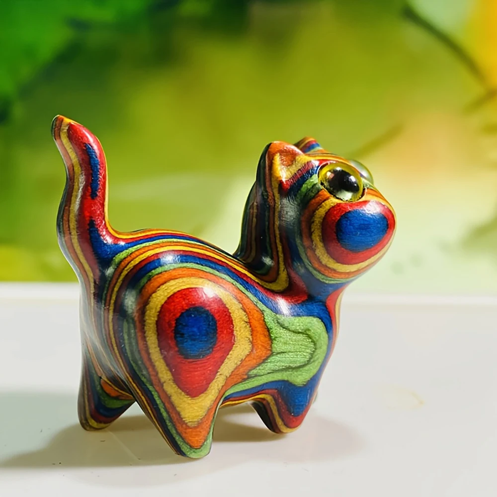 1 hand-carved colorful wooden kitten ornament - animal figurine decoration in ethnic style, a holiday gift for friends
