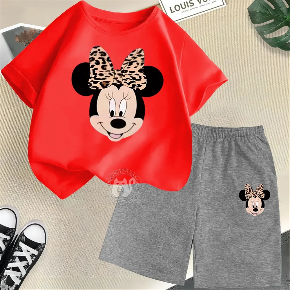 Summer Cartoon Boys & Girls 100% Cotton T-shirt + Shorts Kids Disney Open Minnie Print Fashion Street Boys & Girls Casual Suit