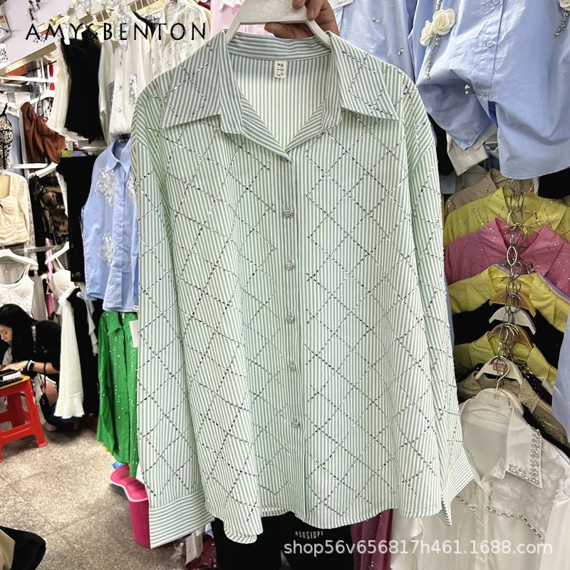 

Новая летняя женская блузка 2026 года: элегантная французская рубашка с однобортным застежением, стразами, клетчатым узором, свободного кроя, тонкая, с длинными рукавами и отложным воротником.