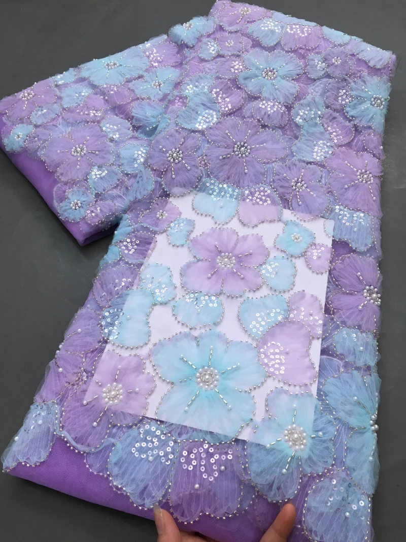 

Lavender-Blue French Lace Fabric with Pearl-Embellished Florals 3D Tulle Blooms Bridal & Evening Couture Luxe Textile S4345