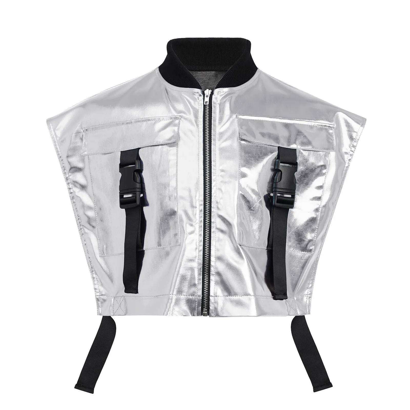 Kinder Mädchen Hip-Hop Jazz-Tanz-Outfit Aufführungskostüm mit seitlich geöffneter Metallweste mit Reißverschluss und seitlichen Druckknöpfen sowie glänzenden Shorts – Detail 7