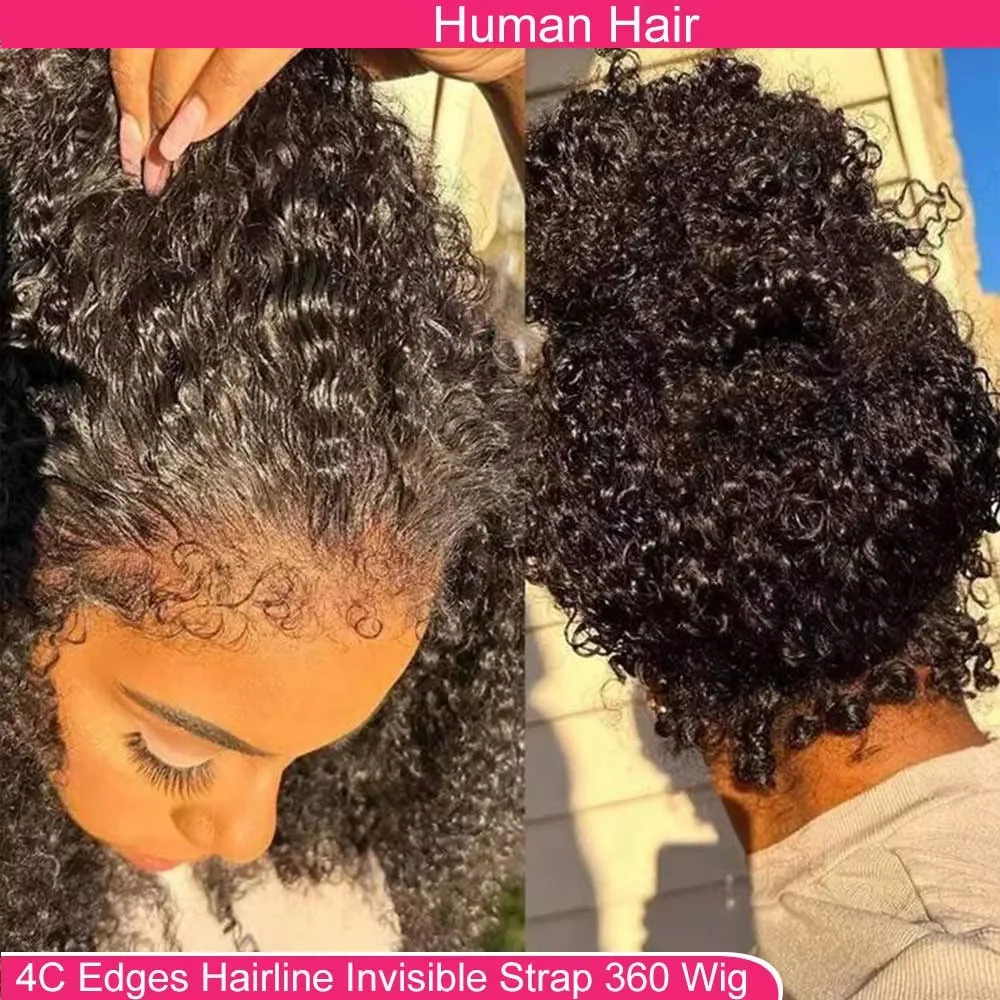 4C kinky Edges Invisible Drawstring 360 Full HD Lace Front Wigs Human Hair Wigs With Kinky Curly Baby Hair Around Glueless Wigs