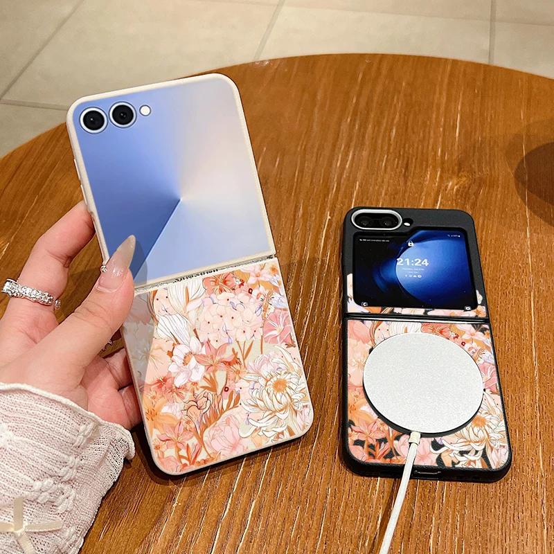 Orange Flower Print Magnetic Phone Case For Samsung Galaxy Z Flip 7 FE 6 5 4 3 5G Soft TPU Folding Leather Texture Magnet Cover