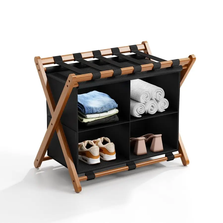 

Bamboo Luggage Rack with 4 Storage Compartments, Foldable Suitcase Stand for Guest Room, 150lbs Capacity, Sturdy, SpaceSaving a