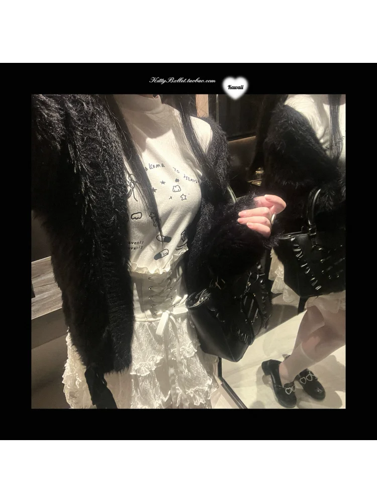 Kardigan Sweater Rajut Manis Longgar dengan Tali Telinga Panjang Plush Asli, Mantel Gaya Lolita Jepang untuk Anak Perempuan