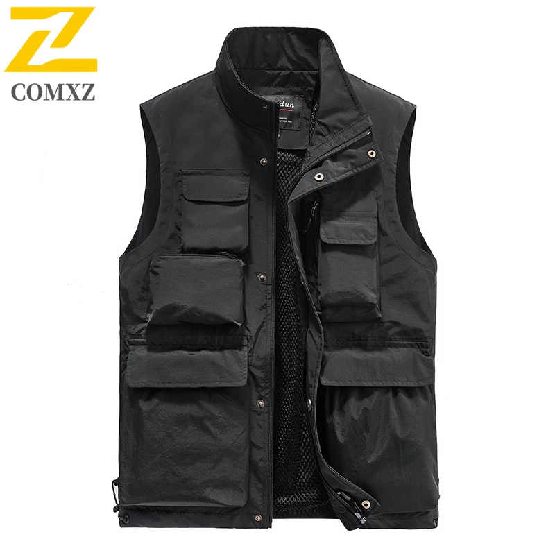 

Stand Up Collar Men's Vest Autumn Thin Quick Drying Breathable Multi Pocket Zipper Cardigan Vest Outdoor Fishing Camp Camisole