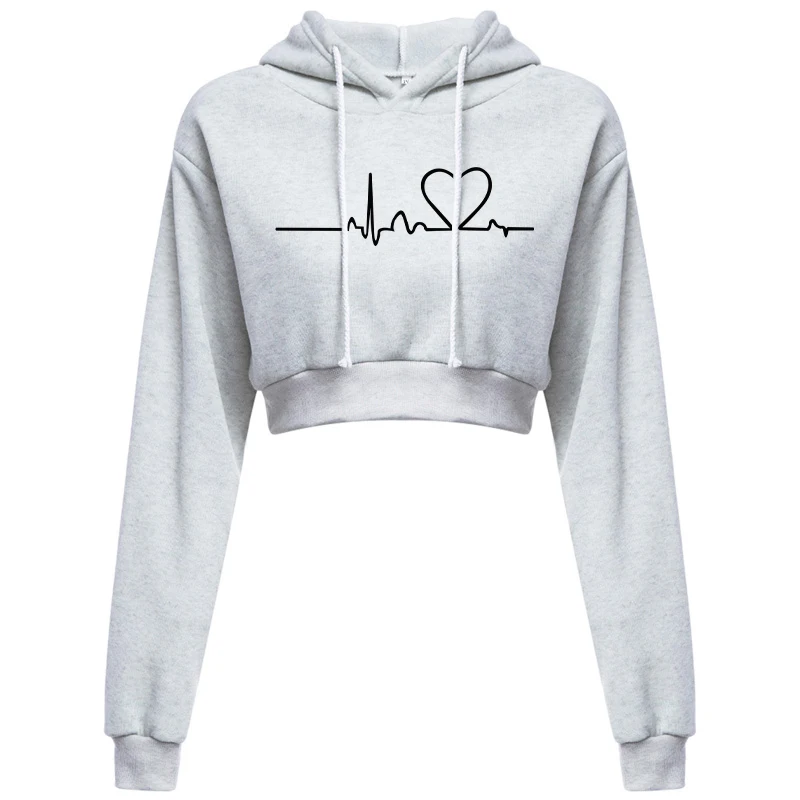 Women\'s Hooded Sweaters Hoodies Solid Color Long Sleeve ECG Prited Cropped Hooded Pullover