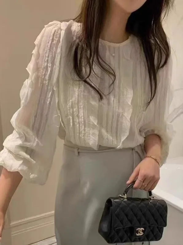 

Sweet Sle Splice irt Women's round Ne Loose Straight Bubble Sve Top Faionable Age Reduction Versatile Cotton Blend