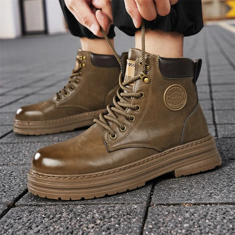 

New Arrival Men High Top Fashion Lace Up shoes Outdoor Leather Ankle Boots Motorcycle Boots Non-Slip man Winter Plush Snow botas