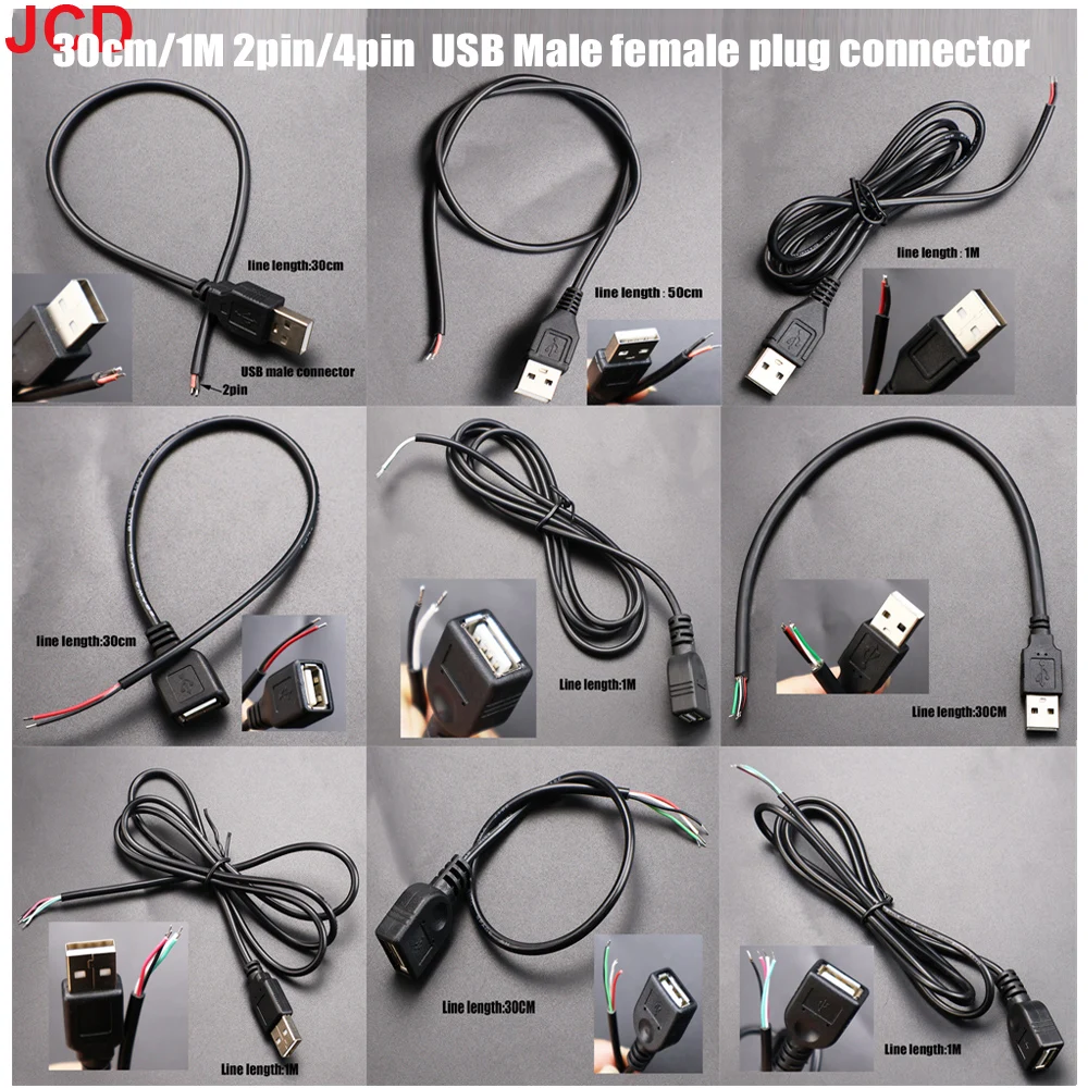 JCD 2 Stück Netzteilkabel 2 Pin USB 2.0 A Buchse Stecker 4 Pin Draht Jack Ladegerät Ladekabel Verlängerungsstecker DIY 5V Leitung