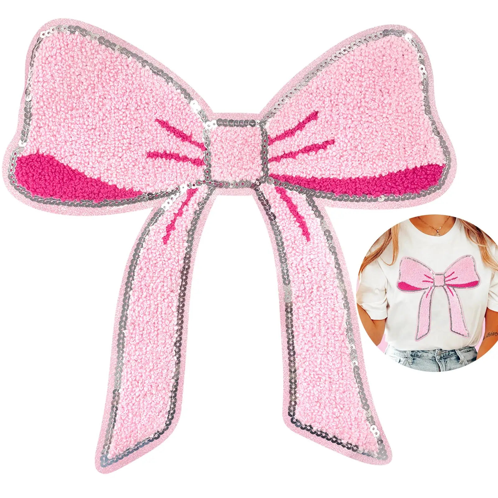 Large Size Pink Bow Iron On Patches Chenille Embroidered with Sequin Applique Cute Sew On Stickers DIY Accessories for Clothing