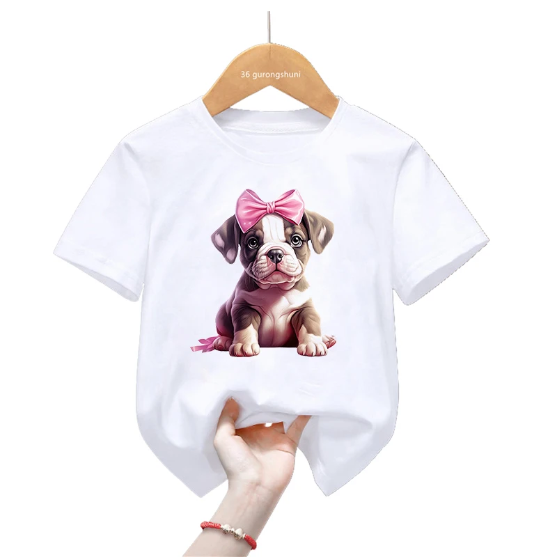 

Cute Yorkie/French Bulldog/Dachshund Bow Animal Printed T Shirt Girls/Boys Kawaii Kids Clothes Summer Tops Short Sleeve T-Shirt