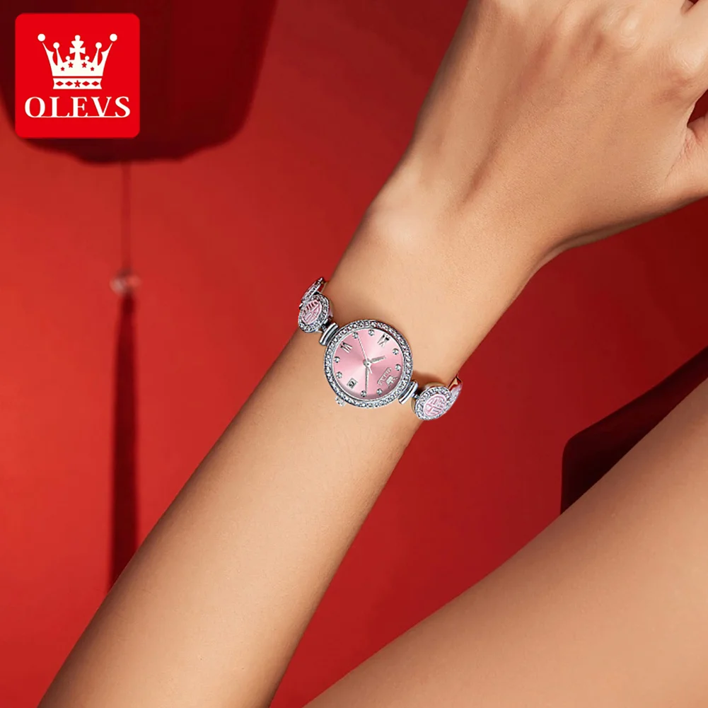 OLEVS 여성 패션 스퀘어 시계 핑크 합금 스트랩 2025 럭셔리 숙녀 석영 손목 시계 품질 여성 라인 석 시계