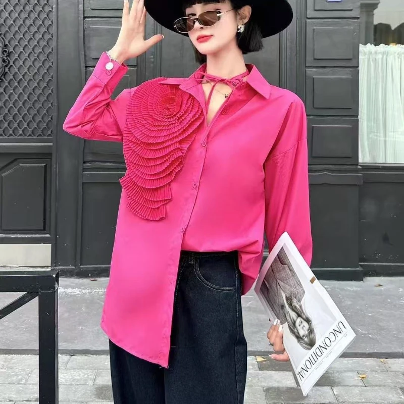A Sense of Niche Design Polo Collar Pleated Three-dimensional Flowers Long-sleeved Shirt Top French Loose Shirt Woman