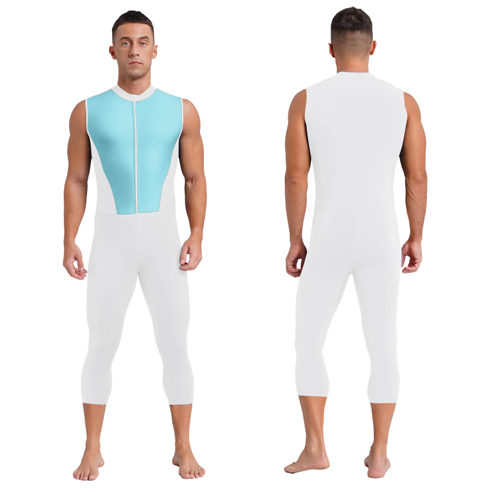 

Men Athletic Jumpsuit Color Block Sleeveless Zipper Stretchy Calf Length Bodysuit Fitness Workout Sportswear Beachwear Swimwear