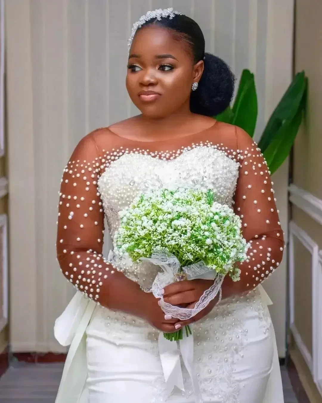 Customized Plus Size Pearls Mermaid 2024 Wedding With Detachable Train Beaded Sequined Bridal Gown Long Sleeve Robe De Mariee