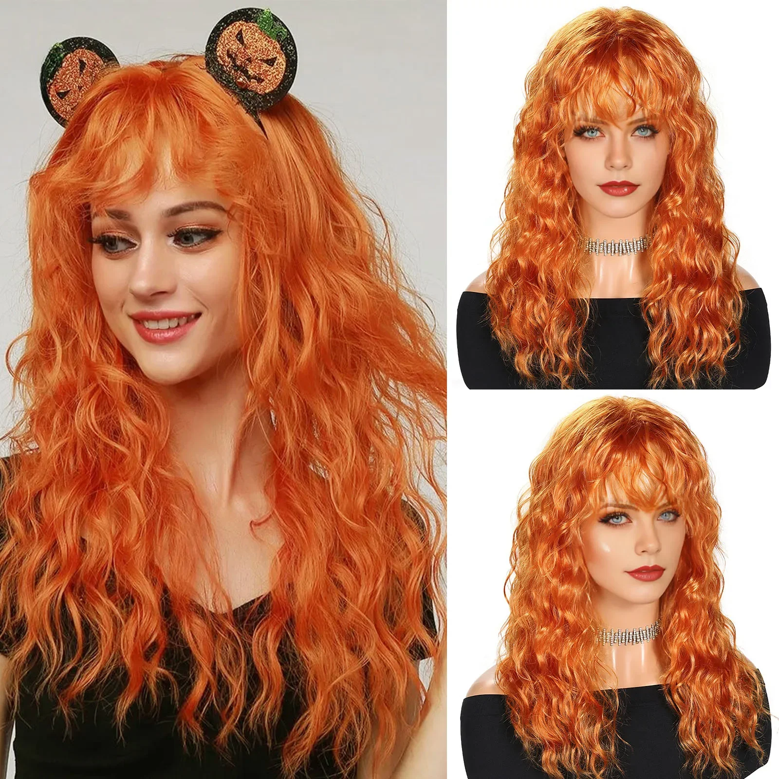 

Long Orange with Bangs Long Curly Synthetic Women Daily Cosplay Party Halloween Costume Wigs