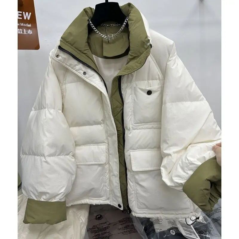 جاكيت قطني متباين بياقة واقفة عصرية للنساء في شتاء 2025، مع إحساس فاخر وفضفاض، مقاس سميك #1