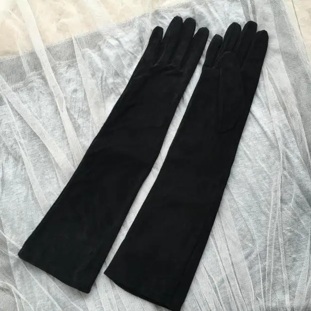 

Fall/Winter Fashion Women Sheepskin Suede Genuine Leather Long Glove Lady 45cm Black/Coffee Classic Luvas Mujer