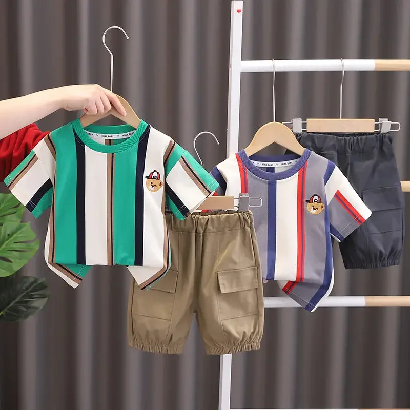 Summer Children Boys Clothing Kids Cartoon Strips Bear T-Shirt Shorts 2Pcs/Set Toddler Leisure Sport Suits Baby Cotton Tracksuit