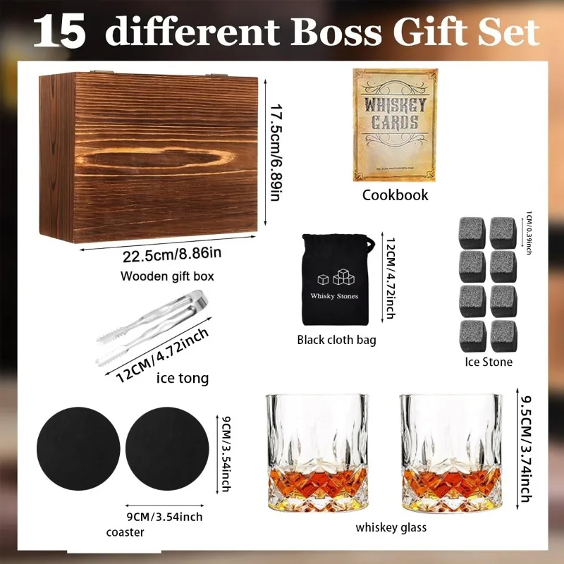 Whiskey Glass Set, 2 Cups 8 Granite Ice Stones Wooden Gift Box, Liquor Serving Ki