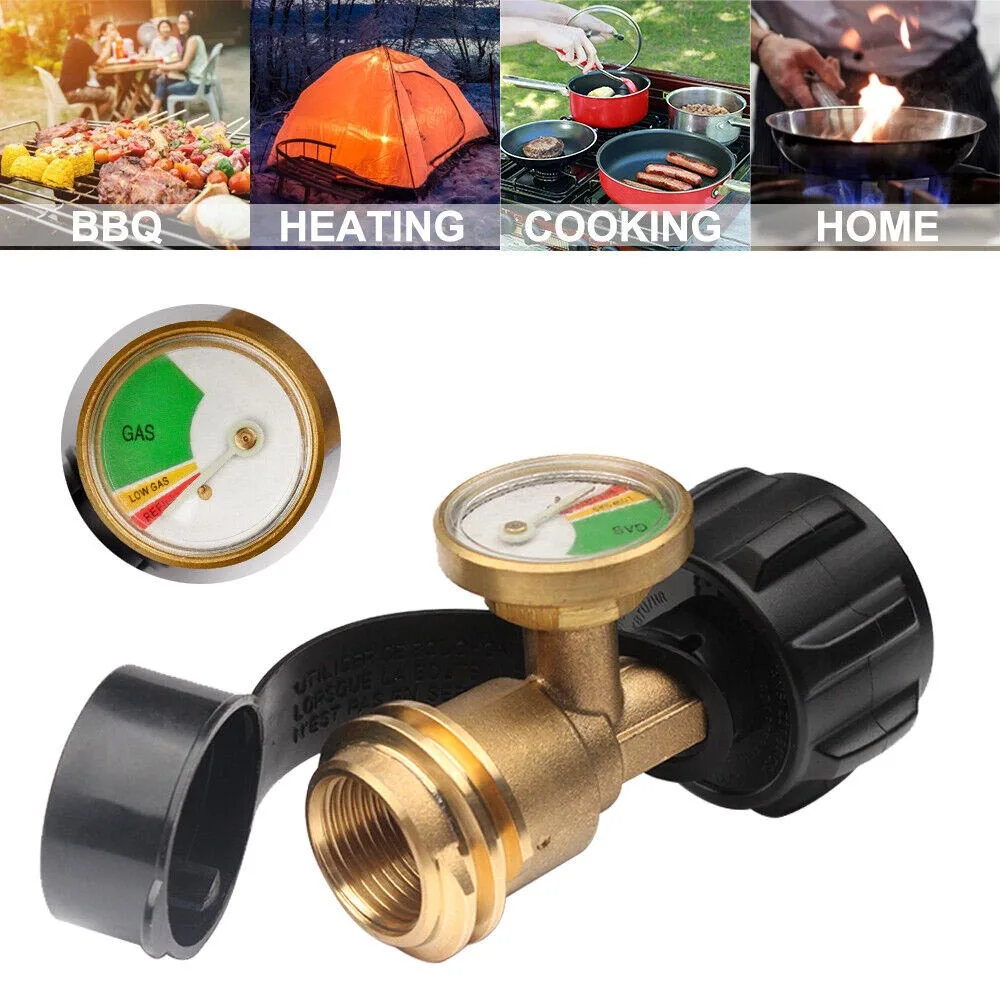 BBQ Pressure Gauge Adapter Propane Tank Gas Grill Fuel Brass Auto Shut Off Pressure Gauge Level Indicator Adapter