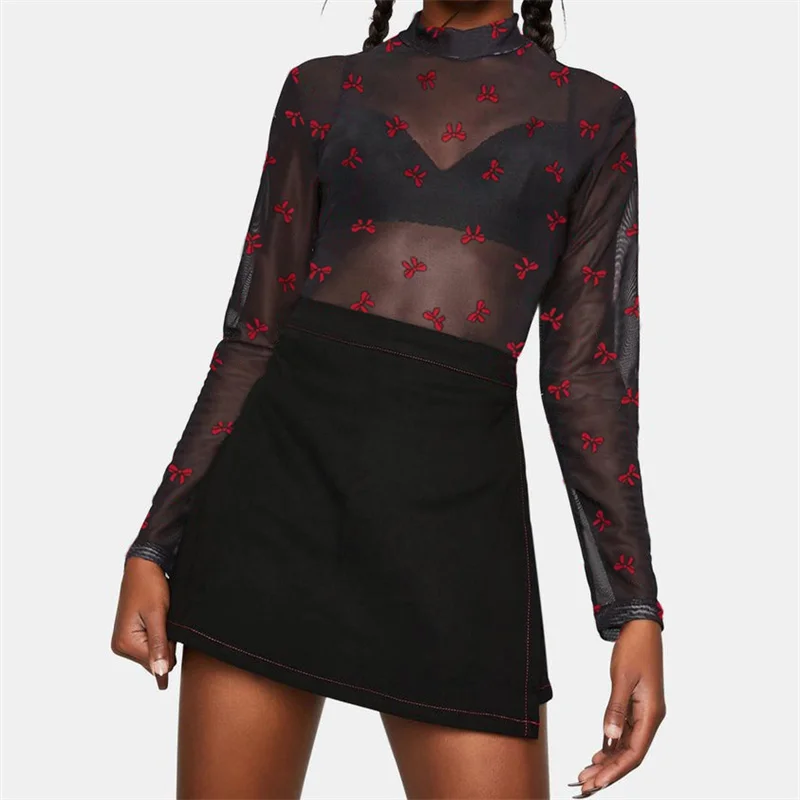 

Women Sheer Mesh Long Sleeve Crop Top Sexy Lip/Heart Print See Through Cropped Blouse Shirt Y2K Streetwear