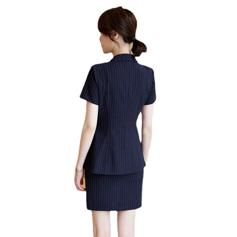 بدلة مخططة للنساء بأكمام قصيرة ملابس عمل صيفية مزاجية بدلات مكتبية مكتب أمامي فستان متجر مجوهرات بدلة رسمية