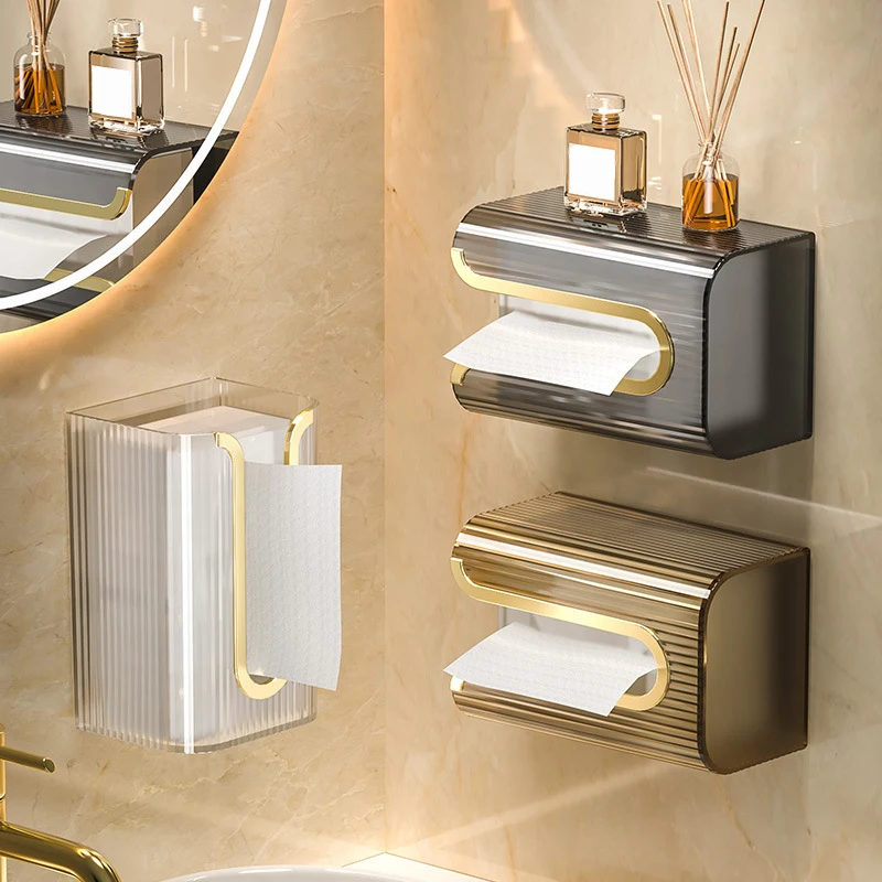Bathroom Wall-Mounted Self-Adhesive Tissue Box Multi-Function Paper Towels Storage Box Portable Draw Cartons Commodity
