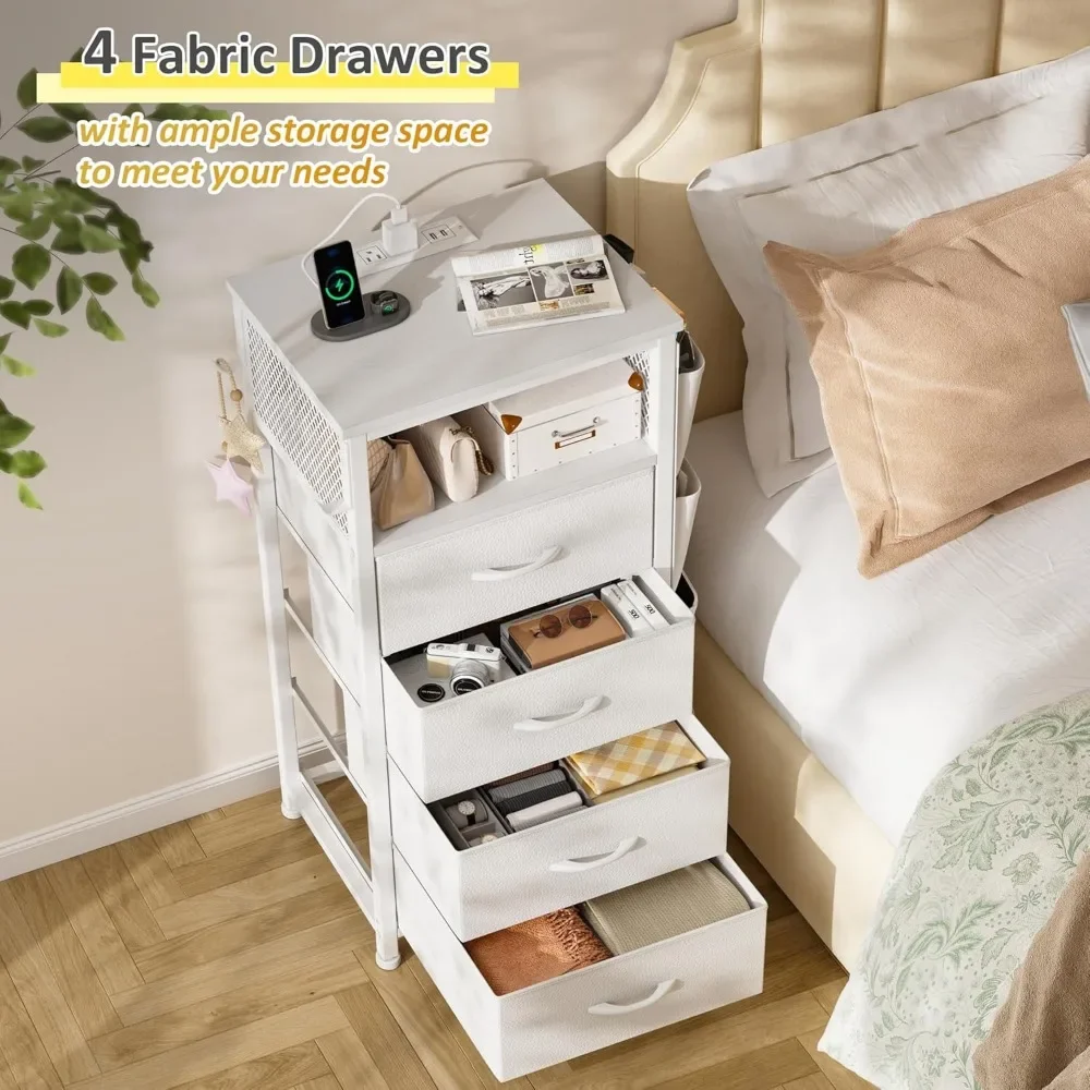 Modern Table Nightstands com gavetas, estação de carregamento, luzes led, Alto Nightstand, sacos de pano, ganchos, armazenamento, conjunto de 2