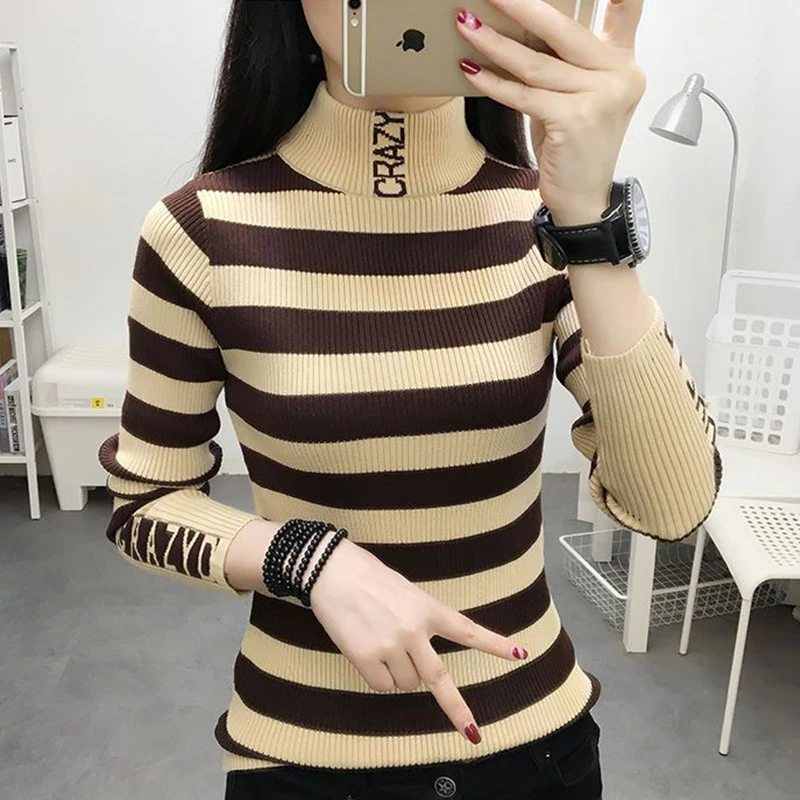 Women's Autumn Winter Half High Neck Chic Pullover Long Sleeve Striped Knitwear Sweater Fashion Versatile Slim Elegant Lady Tops