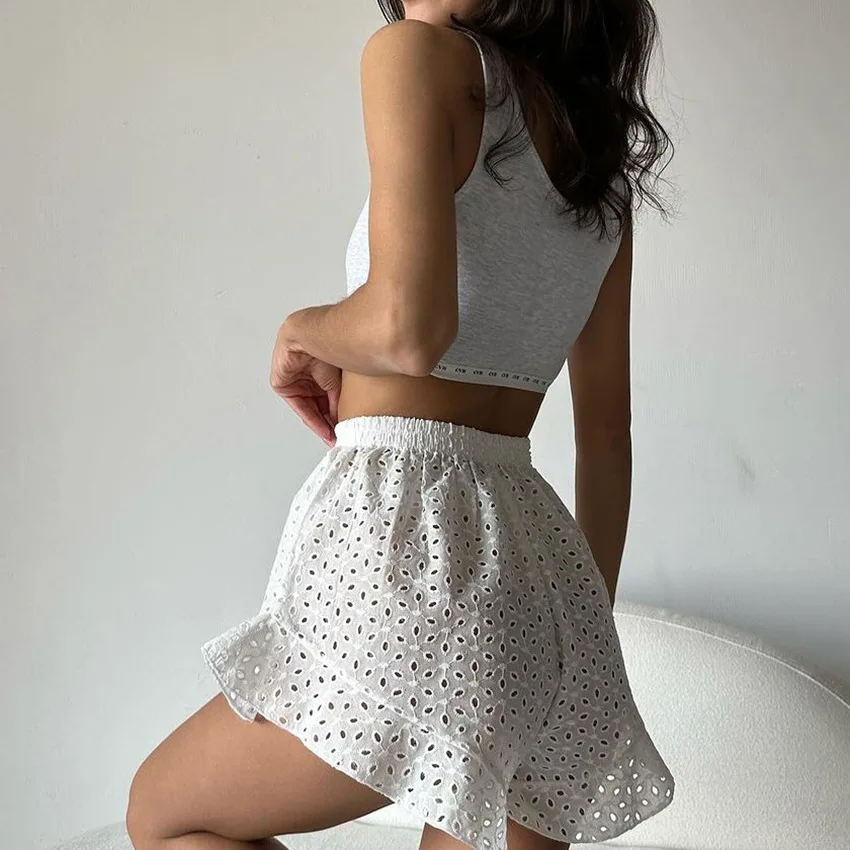 2024 New Summer Cotton Lace Hollowed Sexy 2-Piece Set Women Long Sleeved Cardigan Top+High Waist Ruffled Shorts Wear Female Suit