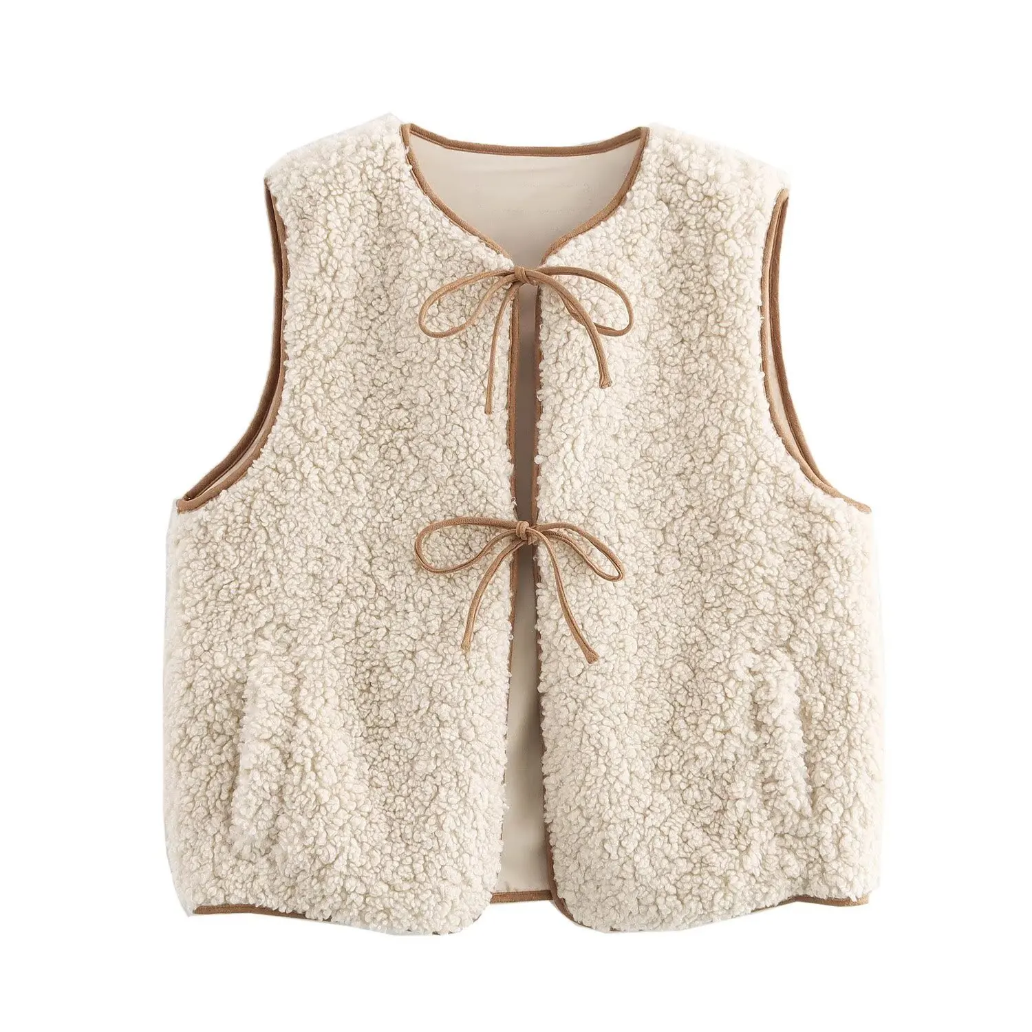 

2025 Fashion Autumn Women's Solid Color Vest Round Neck Bow Tie Lambskin Vest Vest Top