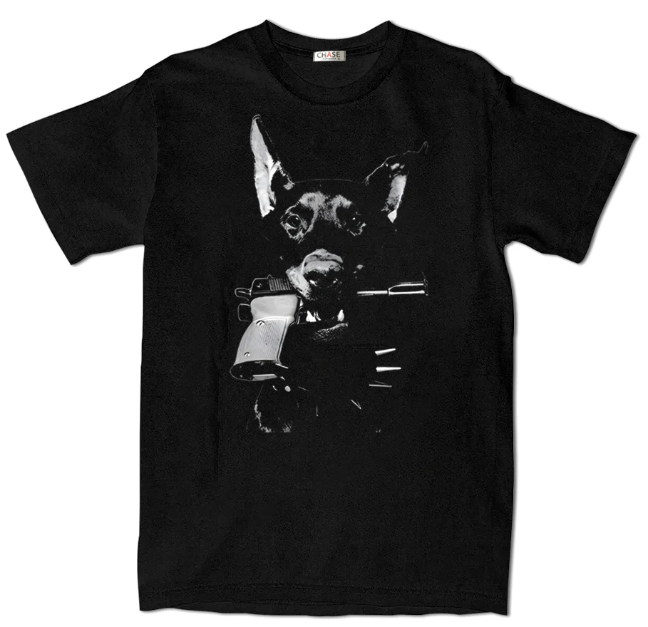 LE Hip Hop 2024 Vintage Black T-Shirt Streetwear Doberman Dog Gun Graphic T Shirt Cotton Unisex Tshirt Men Tops Tee Hipster